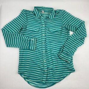 Old Navy Button Up Shirt Womens Medium Green Striped Lightweight Sheer